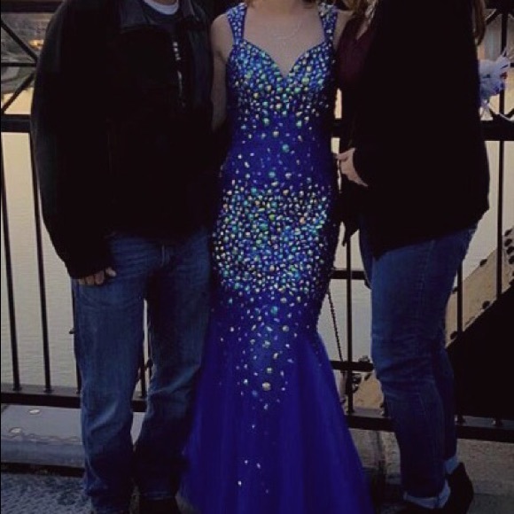 royal blue rhinestone prom dress